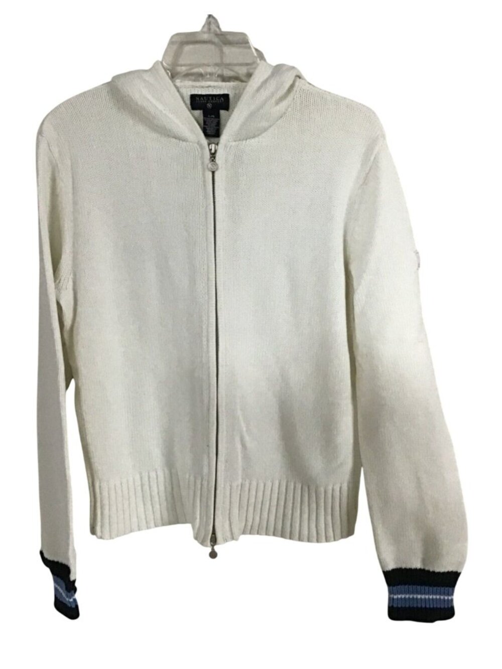 Nautica Jeans Womens Large Zip Front Hooded White Blue Trim Sweater